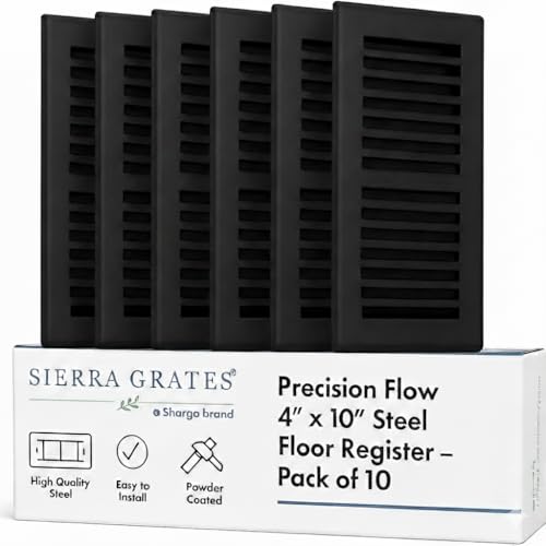 Image of 4 inch x 10 inch Black Floor Register 2 Way - Stamped Face Steel Vent Cover, HVAC Floor Grille for AC Heat, Fits 4x10 Duct Opening, Heavy Duty Metal Register, 10 Pack