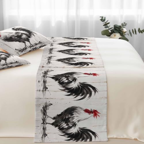 Rooster Beds Runner and 2 Matching Pillow Covers Rustic Farmhouse Watercolor Black White Animal Wood Grain Bed Runner Set, Throw Cushion Cover Bedding Scarves for Guesthouse, Hotel Decor 102 x 20 inch - Image 8