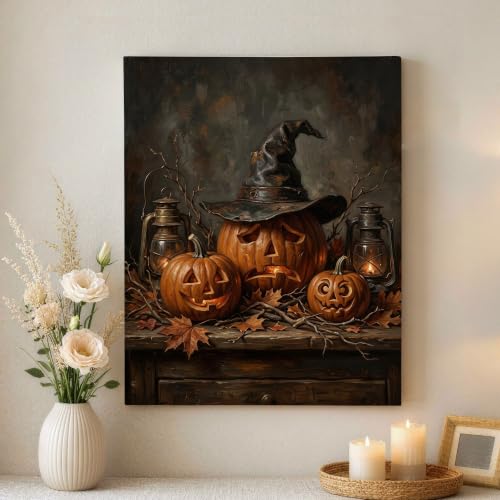 Lienzo de calabazas decorativo naranja: Cuadro rústico de Halloween para sala
