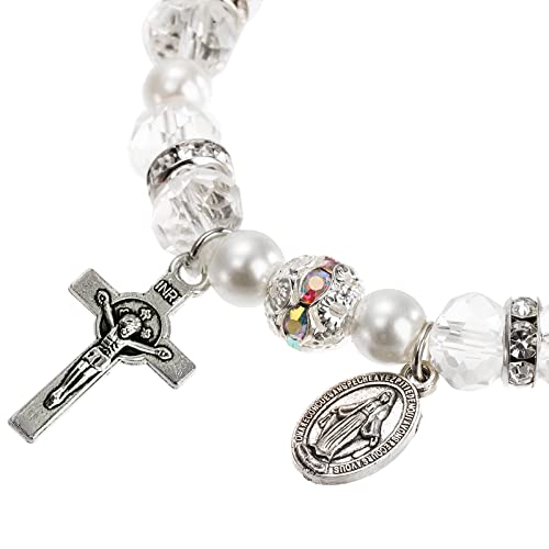 Coloch 6 Pack Women's Rosary Bead Stretch Bracelet, Crystal Cross Bracelet with Crucifix and Miraculous Medal, 3 Colors4