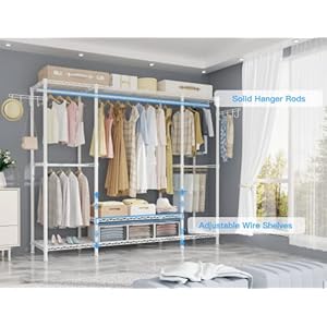 Ulif E3 Heavy Duty Garment Rack, 4 Tiers Freestanding Closet Organizer System with 5 Shelves, Metal Closet Organizer and Storage System for Clothes, Max Load 650lbs, 57.1"W x 14.5"D x 77.3"H, White Ulif E3 Heavy Duty Garment Rack 4 Tiers Freestanding Closet Organizer System with 5 Shelves Metal Closet Organizer and Storage System for Clothes Max Load 650lbs 571W x 145D x 773H White