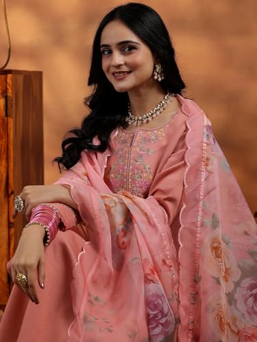 Image of Libas Embroidered Silk Blend Straight Kurta With Trouser and Dupatta