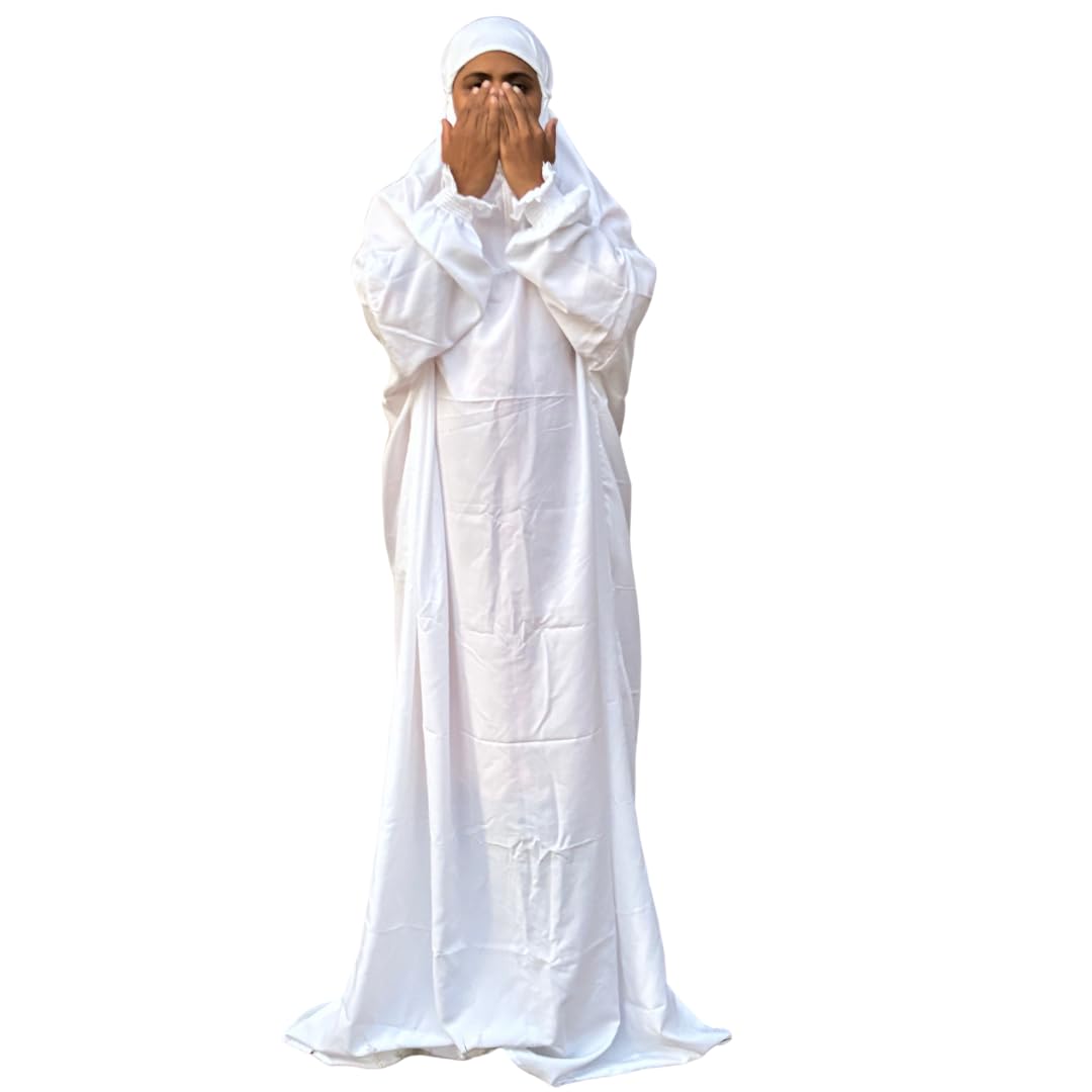Islamic Dress for Women - Free Size, Muslim Dress with Hijab, Jilbab/Niskarakuppayam/Namaz Khimar/Prayer Clothes Niqab Khimar, Premium Islamic Prayer Clothes, White Lace color