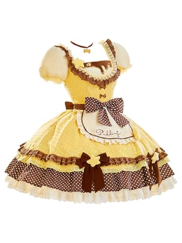 miccostumes Womens Costume Anime Doll Cosplay Cute Lolita Suit Polka Dot Colorblock Dress with Apron and Hat (yellow S)