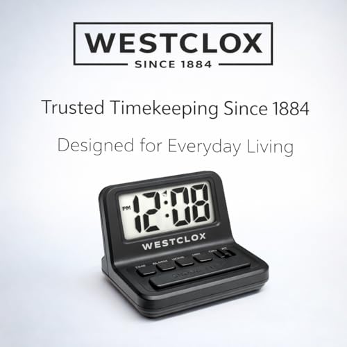 Image of Westclox LCD Digital Bedside Alarm Clock with White Backlit Display and Snooze Function, Battery Operated, (Black, 3-Inch)