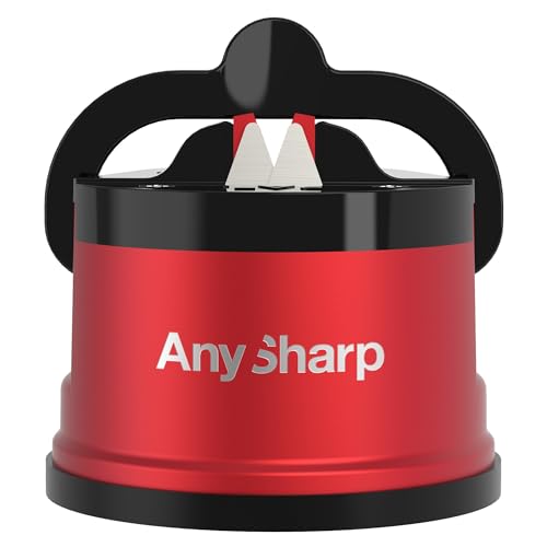 AnySharp Pro Afilador de Cuchillos Metálico, Seguridad sin Manos, Ventosa PowerGrip, Afila Todos los Cuchillos de Cocina, Ideal para Acero Endurecido y Dentados, Metal Rojo