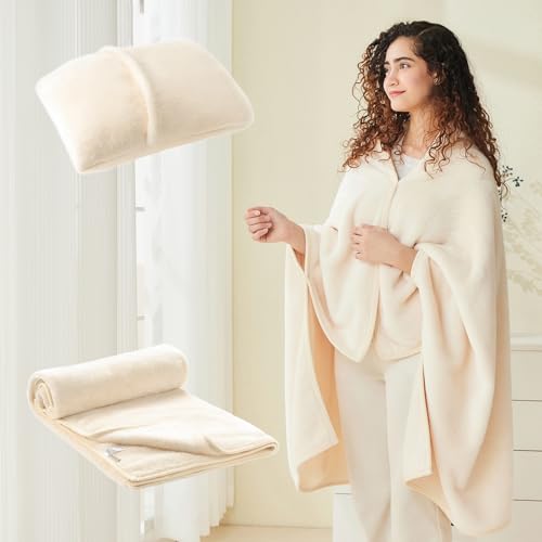 Mellowdy Shawl Blanket Pillow 2-in-1 with Sleeves for Office, Work, Home (Pearled Ivory, 40x60) - Wearable Adult Snuggie Coat Poncho, Airplane Travel Set, Fleece Shoulder Wrap for Men and Women