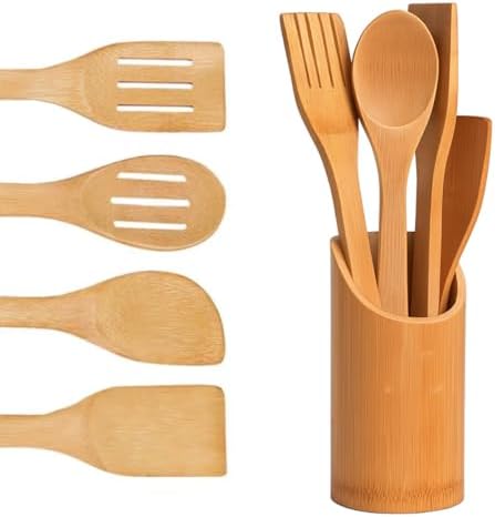 Kit de Utensílios de Cozinha com 5 Peças em Bambú e Suporte Natur...