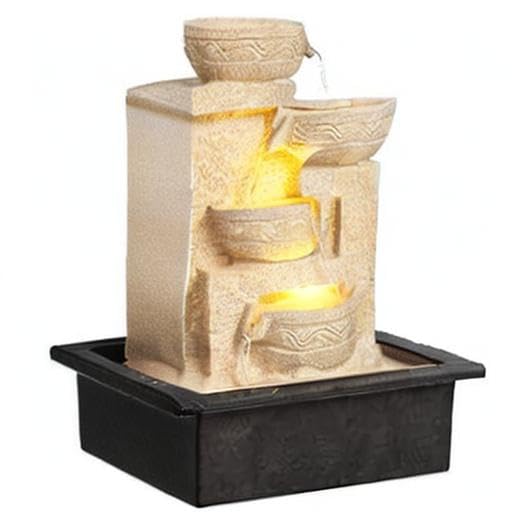 Image of Polyresin Table Top Cream Colour Designer Indoor 4 Diya Steps Waterfall Fountain for Home Decor with Yellow LED & Water Flow Controller Pump (Size: 38 x 29.5 x 22CM | Weight: 2000 Gram)