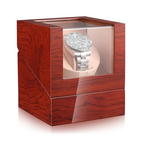 LIAN Automatic Single Watch Winder Cherry Wood with Japanese Mabuchi Quiet Motor AC Adapter or Battery Powered Velvet Soft Adjustable Watch Pillows for Men's and Women's Watches Padauk