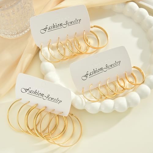 Image of 12 Pairs Gold Hoop Earrings Set for Women, Lightweight Hoop Jewelry
