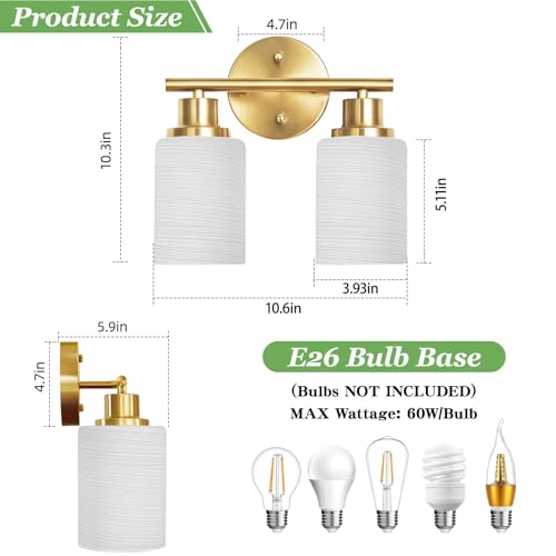 Image of 2-Light Vanity Lights, Brushed Gold Bathroom Light Fixture with Striped Textured Milky White Glass Shade, Modern Vanity Lighting Fixture for Bathroom Wall Light Over Mirror, E26 Wall Sconce