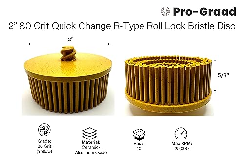 Image of 10 Pack 2 inch 80 Grit Yellow R-Type Bristle Disc | Ceramic-Aluminum Oxide Abrasive Bristle Disc with Quick Change Roll Lock | Pack of 10 | Yellow