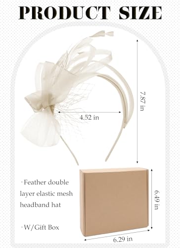 Zinniday Champagne Feather Fascinator Headband - 2026 Elegant Victoria Derby Fascinators Attire Headwear with Hairpin, 1920s Kentucky Tea Party Hats for Women Cocktail Church Ball Hair Accessories