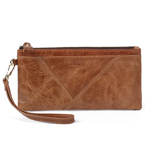 IVESIGN Women Wristlet Clutch Wallet Slim Cell Phone Card Holder RFID Blocking Genuine Leather with Removable Wrist Strap Brown Big Size
