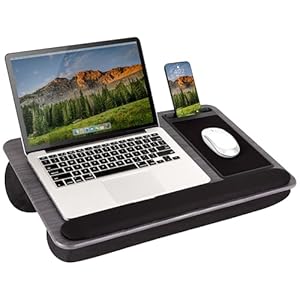 LAPGEAR Home Office Pro Lap Desk with Wrist Rest, Mouse Pad, and Phone Holder – Gray Woodgrain – Fits up to 15.6 Inch Laptops – Style No. 91595