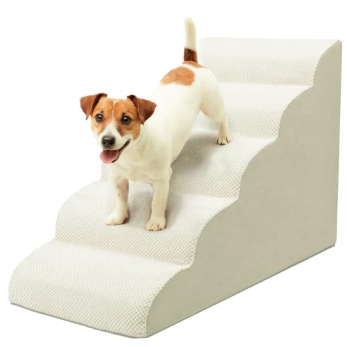 Niubya Hundetreppe für Kleine Hunde, H62 cm, für Katzentreppe Hundetreppe Bett und Sofa, ältere und verletzte Haustiere, mit waschbarem Bezug und hochdichtem Schaumstoff (Beige, 5 Stufen)