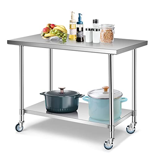 WATERJOY 48" x 30" Stainless Steel Table for Prep & Work Commercial Heavy Duty Kitchen Table with Adjustable Shelf and Wheels Installable(Without Wheel)