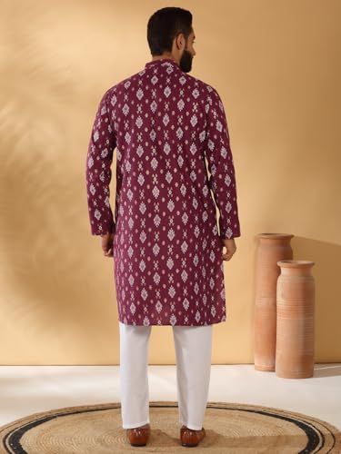 Image of KRAFT INDIA Men's Cotton Blend Geometric Printed Straight Long Regular Kurta and Elastic Waistband Pyjama Set
