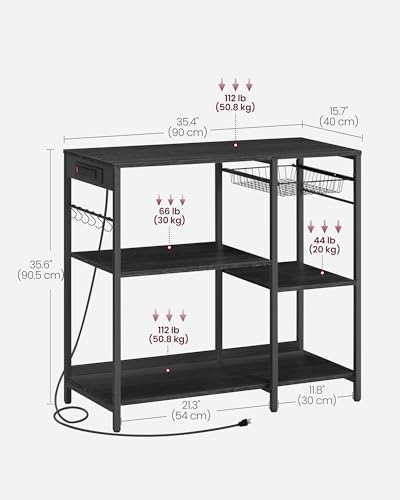 Image of VASAGLE Baker's Rack, Coffee Bar Stand with Charging Station, 35.6 Inches Tall, Storage Shelves, Pull-Out Wire Basket, Table for Microwave, Kitchen, Charcoal Gray and Ink Black UKKS036B22
