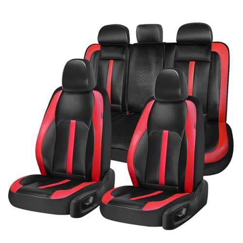 Image of Coverado Leather Car Seat Covers Full Set & Carbon Fiber, Waterproof and Durable All Weather Protector, Universal Fit for SUV, Pickup Truck, Sedan, Automotive Vehicle Interior, Black&Red