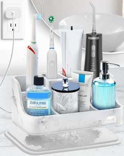Electric Toothbrush Holder with Instant-Dry & 6 Slots | Heavy-Duty Large Countertop Organizer with Cable Holes, for Manual & Electric Toothbrushes, Marble White