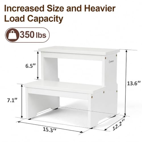Image of StrongTek Bamboo 2 Step Stool, Non-Slip, 350 lb Capacity, White | Bed Steps for High Beds for Adults, Non-Slip Feet, Easy Assembly for Kitchen, Bedside, Pantry, Closet and Bathroom Use