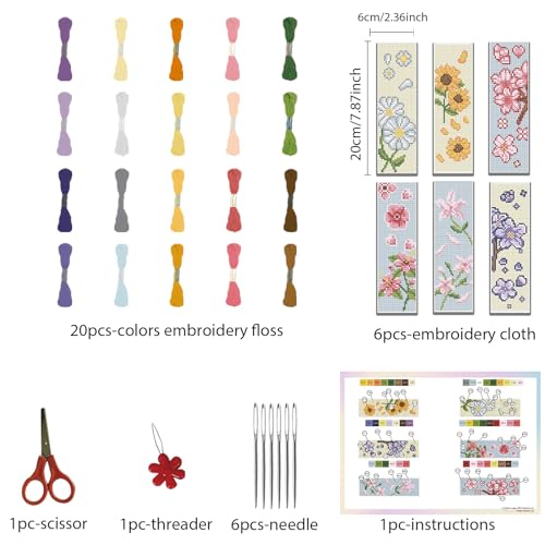Image of FREEBLOSS 6 Set Bookmark Cross Stitch Kits Stitch Bookmark Cross Stitch Kits with Instructions Bouquet Pattern Embroidery Kit for Beginners Bookmark Making Kit for Gifts