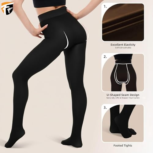 Image of FF Fleece Lined Tights Women Leggings Thermal Pantyhose Fake Translucent Opaque High Waisted Winter Warm Sheer Tight (Waist Size: 26 to 34Inch Stretchable) - Free Size