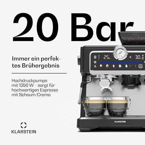 Klarstein GrandPresso Touch Siebträgermaschine Mit Mahlwerk – 20-Bar, 1350 W, Integriertes Präzisionsmahlwerk, Touchscreen, 2,3 L Wassertank, Dampfdüse, Edelstahl, Schwarz – Bild 4