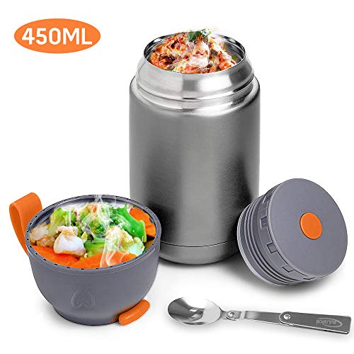 iKALULA Boîtes Alimentaires isothermes, Récipient Alimentaire Isotherme avec cuillère Pliante Bouteille Isotherme en Acier Inoxydable Thermo Isolant Contenant pour Boissons et Nourriture (450ml)
