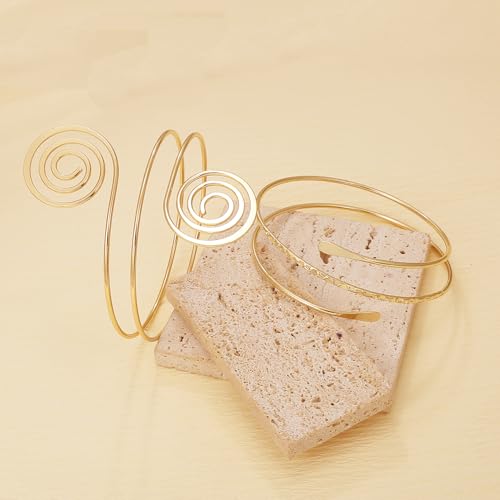 BROCC 2PCS Gold Coil Swirl Upper Arm Bracelet for Women Open Upper Arm Cuff Bangle Armlet Gold Silver Adjustable Armband Bracelet Set4