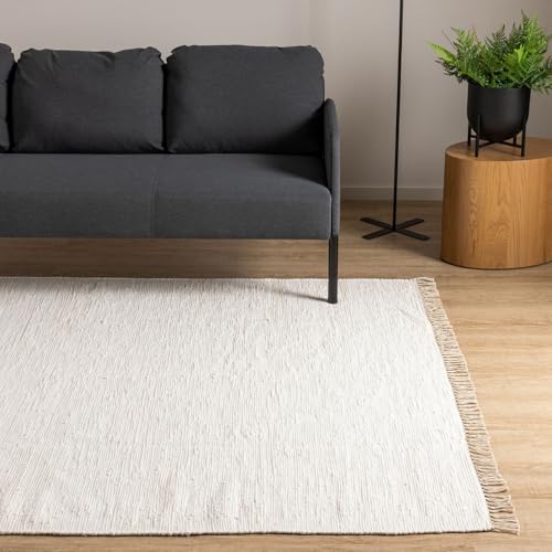 Interiyou Tapis Coton Toledo - 160x230 Blanc - Fait Main avec Franges - Adapté au Salon, Chambre, Espace Enfant, Salle à Manger, Cuisine ou Couloir