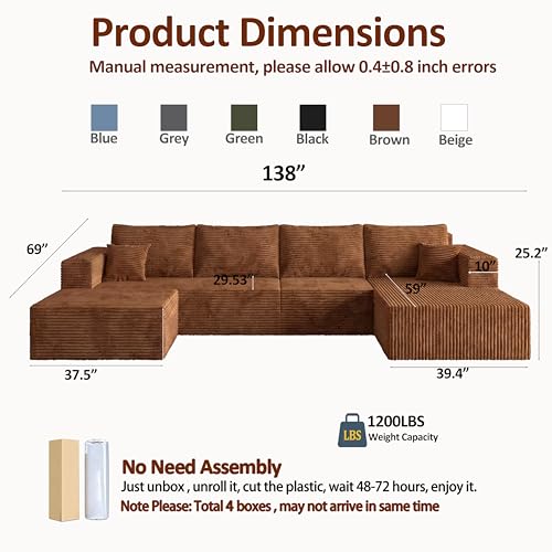 Image of 138 inch Modular Sectional Sofa, Modern U-Shaped Cloud Couch, Soft Corduroy Boneless Couch with 3060 High Rebound Memory Foam, Sectional Couches for Living Room,Green (Right Facing Chaise)