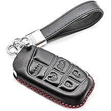 Fit for Dodge Durango Challenger Charger Hornet Jeep Compass Grand Cherokee WK Ram Promaster 1500 2500 3500 Chrysler 300 Genuine Leather Key Fob Cover 5-Button, Black/Red