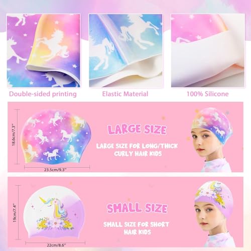 Image of 2 Pack Kids Swim Cap Silicone Waterproof Swim Caps for Boys Girls | (3-6 Years) Unicorn Mermaid Design Swimming Cap for Kids 3-6 Long and Short Hair (Mermaid&Unicorn)