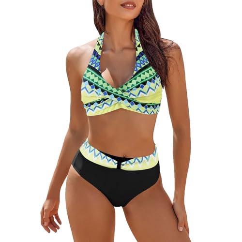Trajes de baño para mujer con pantalones cortos - Trajes de baño - Colores contrastantes - Conjunto de bikini envolvente en la parte delantera - Trajes de baño de talla grande 44-46, amarillo, M