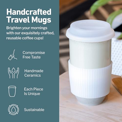 Image of NOVA CERAMICS Travel Mug - Ceramic Coffee Mug With Lid - Microwave & Dishwasher Safe Coffee White & Grey Tumbler - Gifts For Women Men Him Her - 16oz - Mist