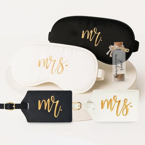 Wedding Honeymoon Travel Set for Couples. Embroidered Mr and Mrs Luggage Tags, Eye Masks, Keepsake Bottle, Wedding Gift, Anniversary Travel Accessories (Black White Gold Honeymoon Sand)2