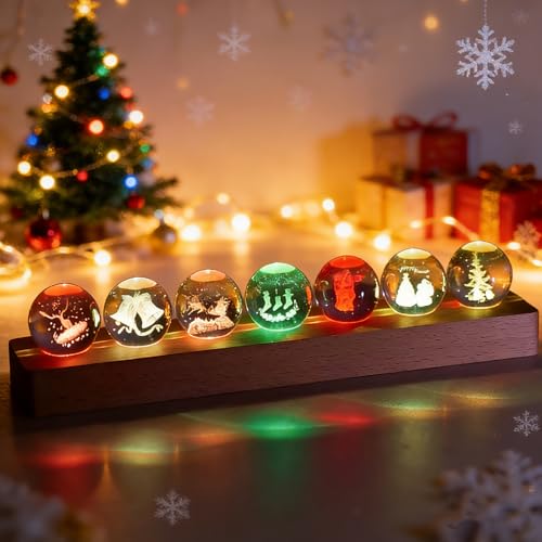 Image of JOJOCY Christmas Glass Crystal Ball Light with Wooden Base, USB-Powered Colorful LED Night Lamp with 7 Christmas Tree Santa Claus and Elk Patterns for New Year's Gift