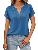 Litherday Camiseta Mujer Oversize Loose Fit Cuello V con Botones Manga Corta Arremangada Henley Verano Algodón Transpirable Elegante Casual Top Básico, Azul Real, M