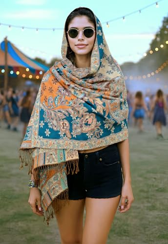 Achillea 2 Pack Steel Blue Paisley Pashmina and Teal Dark Amber Floral Shawl Bundle4