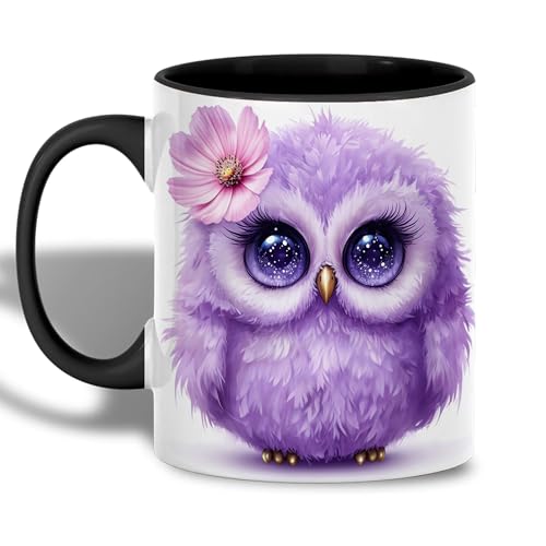 Purple Owl with Flower Coffee Mug, 11oz Ceramic Mug for Tea Coffee and Hot Drinks, Gift for Bird Lov