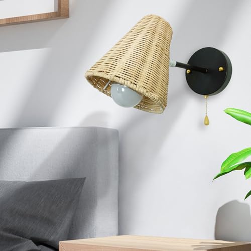 Lámpara de pared de ratán E27 con tirador para leer en el dormitorio y decorar el salón