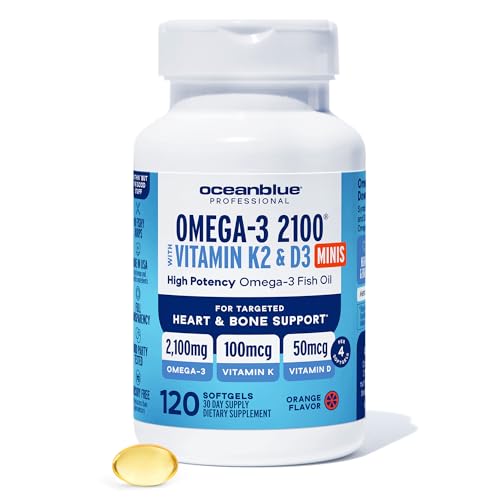 Oceanblue Professional Omega-3 2100 with Vitamin K2 and D3 - Triple Strength EPA DHA Omega 3 Supplement - Burpless Wild Caught Fish Oil - Orange Flavor 120 Softgels