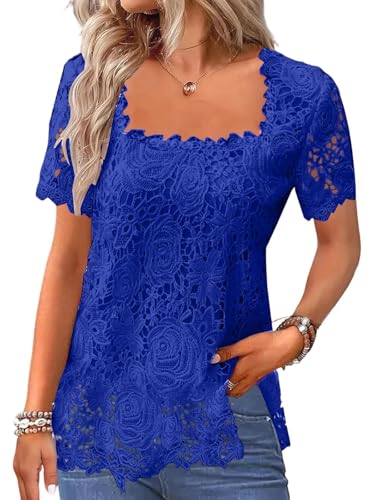 Image of Womens Floral Lace Blouse Square Neck Short Sleeve Crochet Lace Top Loose Flowy Tunic Shirt Mesh Summer Tops Elegant Casual Party Blouses for Women UK Blue