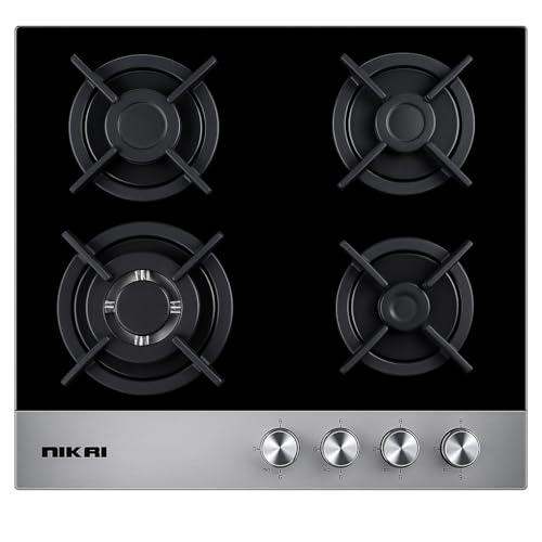 Nikai Built In 4 Burner Universal Gas Hob with Glass Finish, Full Safety Gas Stove, Cast Iron Pan Support, St Steel Knob Control, suitable for built in & freestanding use, NGH3002G - 2 years warranty