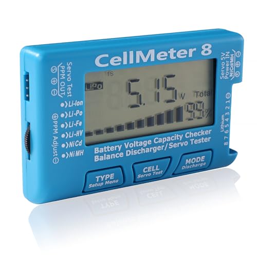 Tester di capacità della batteria digitale: può testare con precisione la tensione delle batterie Li-Po/Li-Ion/Li-Fe/Li-HV (2-8S) e NiCd/NiMH (4-8S) con una precisione di 0.001 V.