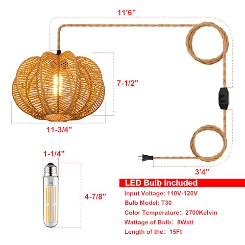 Plug in Pendant Light Rattan Hanging Lights with Plug in Cord 15FT Hemp Rope Cord, Dimmable Switch – Indoor Hanging Lamps for Boho Living Room Bedroom(Bulb Included) 11 x 7 inch - Image 3
