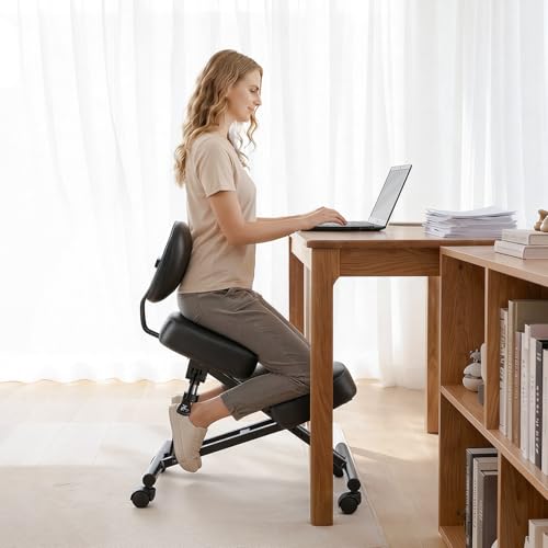Image of VEVOR Ergonomic Kneeling Chair with Backrest & Wheels, Mobile X-Shaped Posture Knee Chair with Adjustable Height & Thick Foam Cushions, Relief for Neck or Back Pain for Home, Office, Meditation, Black